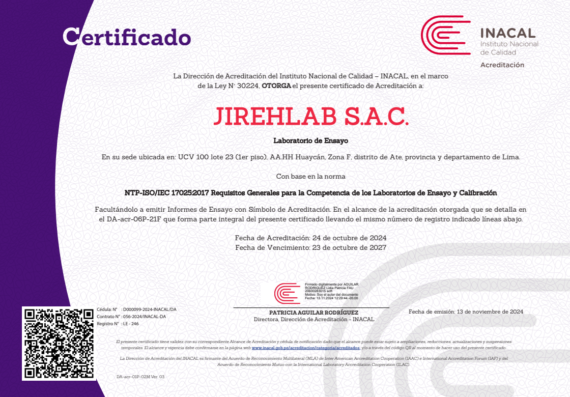Certificado de acreditación INACAL de JIREHLAB